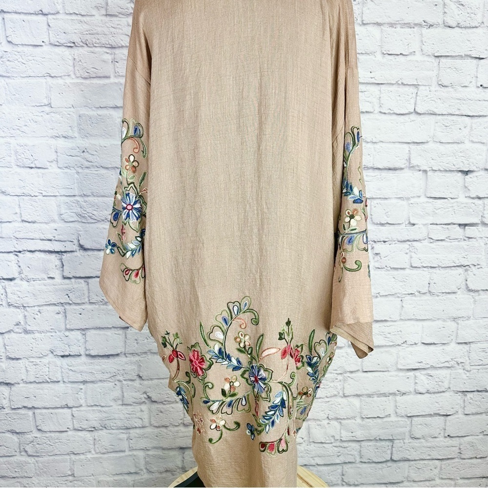 Fun In Florals Mocha Floral Embroidered Long Tan Cardigan Kimono - Picture 4 of 9